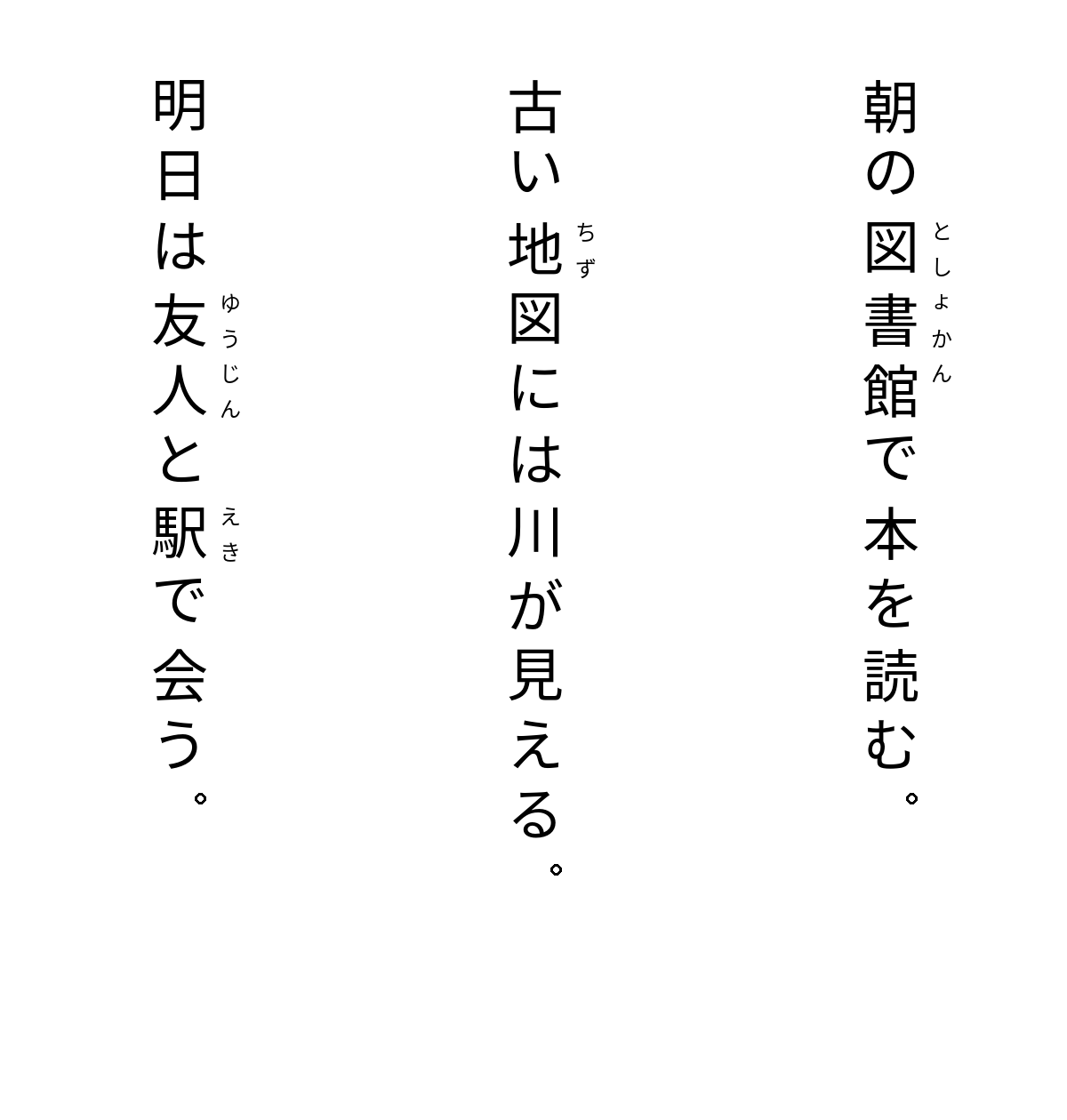 Synthetic Japanese OCR sample with three vertical columns read from right to left and smaller furigana to the right of selected words.