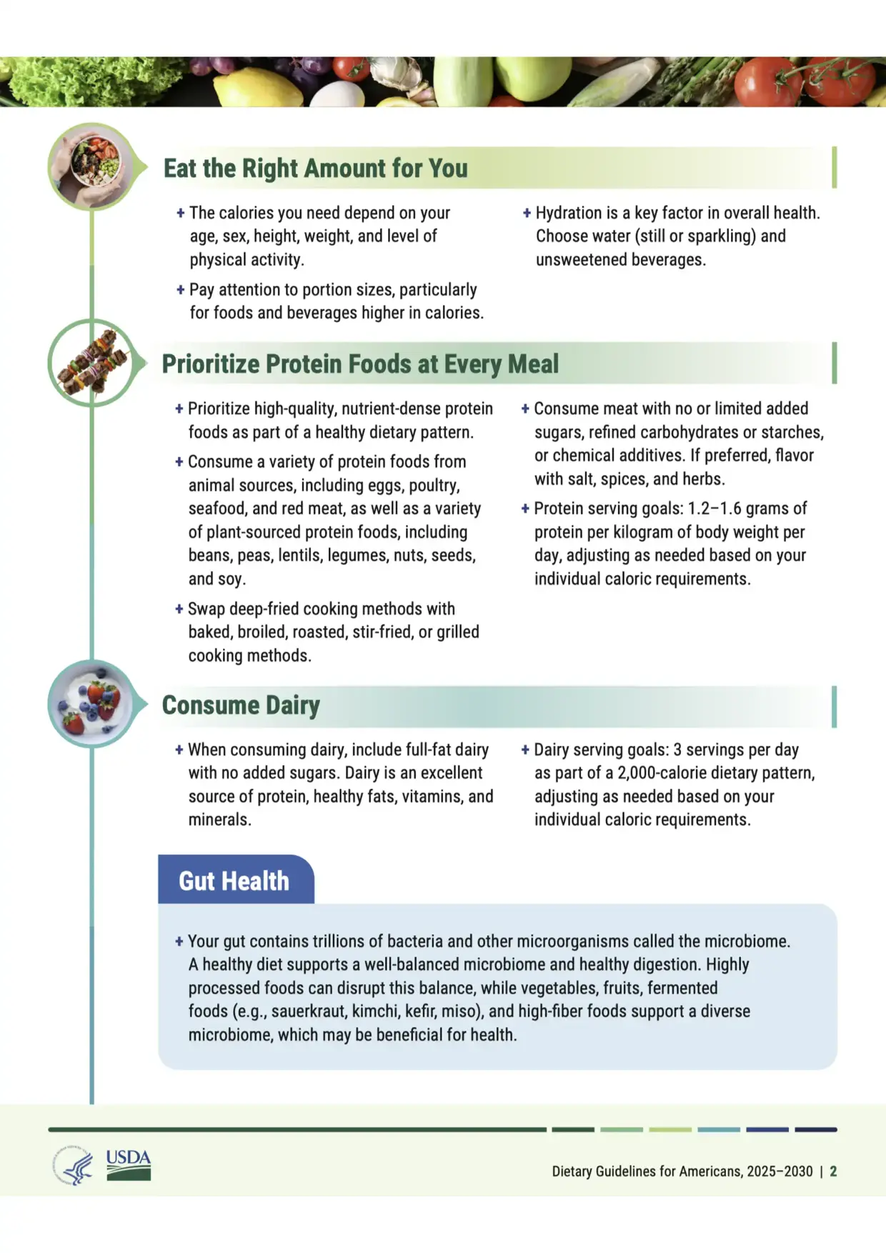 Original scanned PDF page from USDA dietary guidelines about portions, protein, dairy, and gut health.