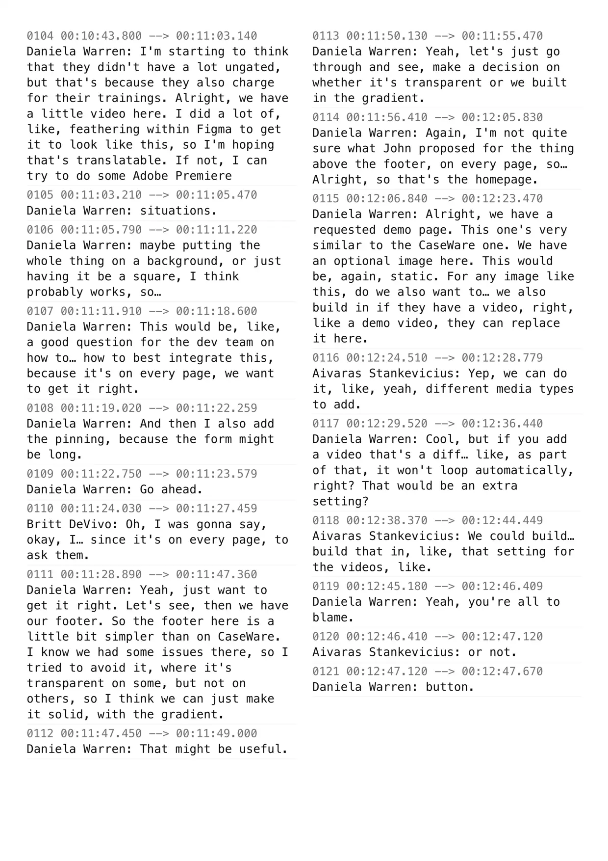 Original subtitle document page showing web design and demo transcript entries with timestamps and speakers.