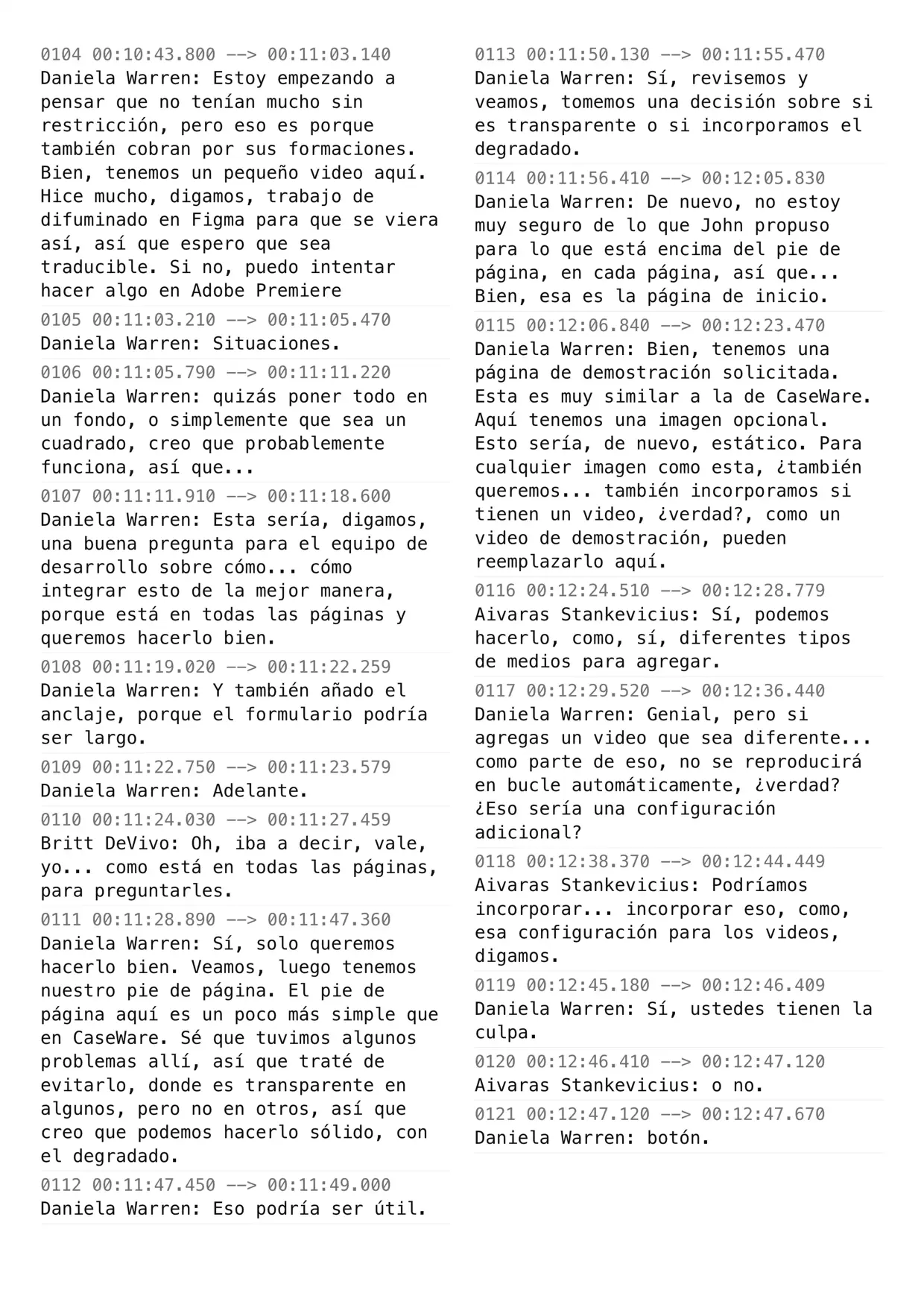 Translated subtitle document page preserving web design and demo transcript entries with timestamps and speakers.